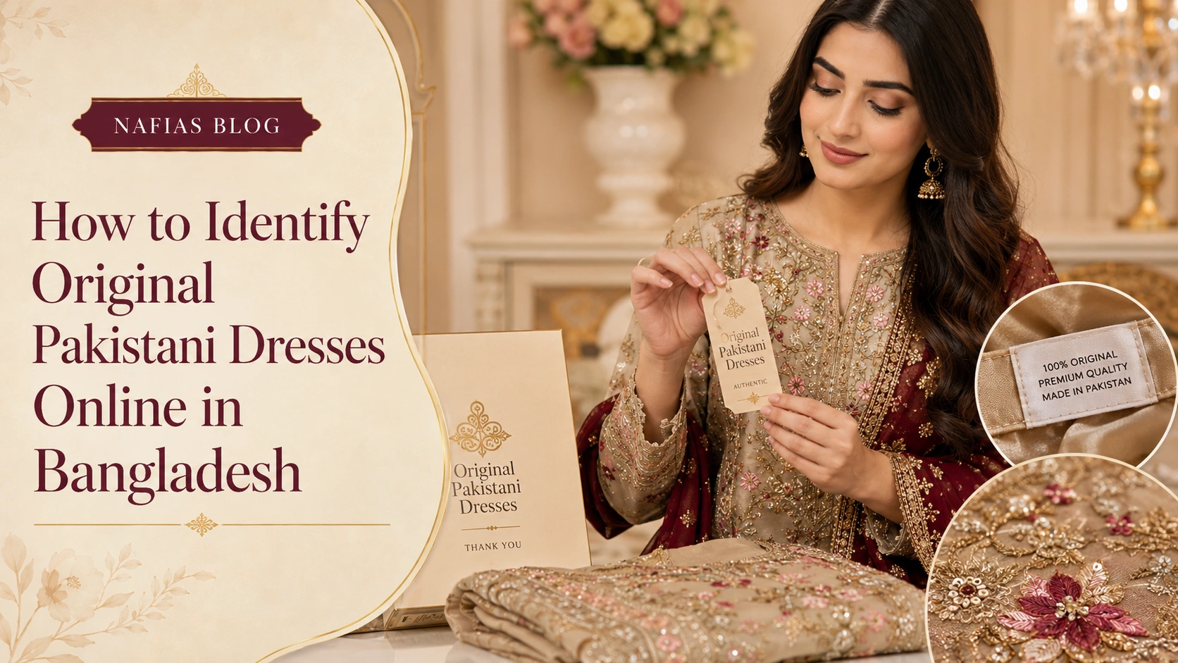 Original Pakistani Dresses in Bangladesh with brand tag, packaging and embroidery details
