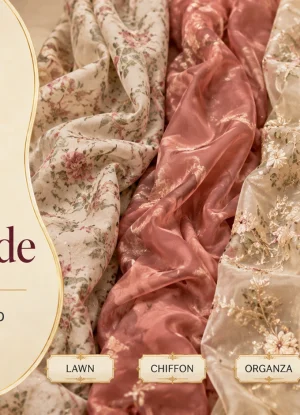 Pakistani Dress Fabric Guide showing lawn, chiffon, organza, net and raw silk