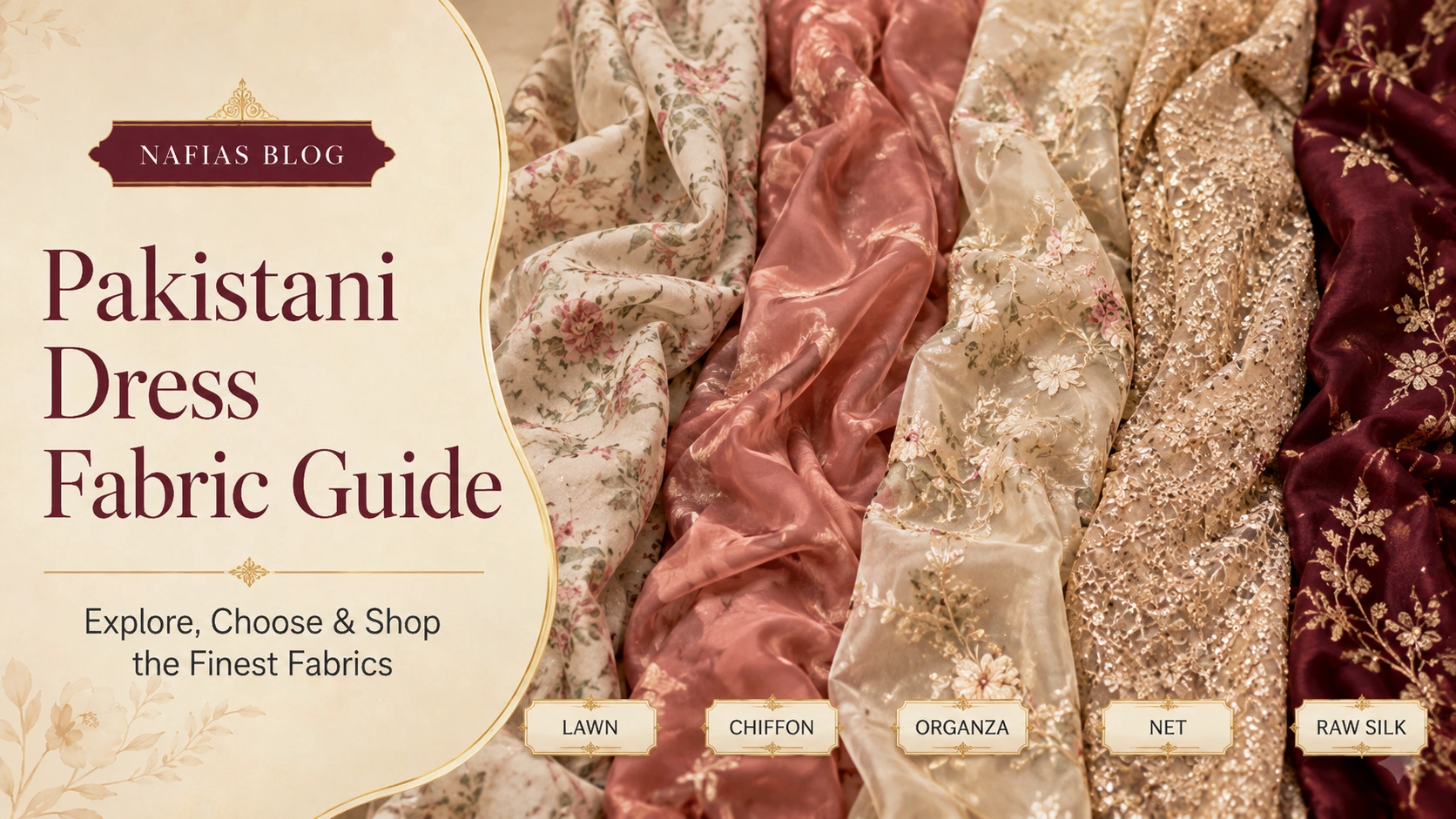Pakistani Dress Fabric Guide showing lawn, chiffon, organza, net and raw silk