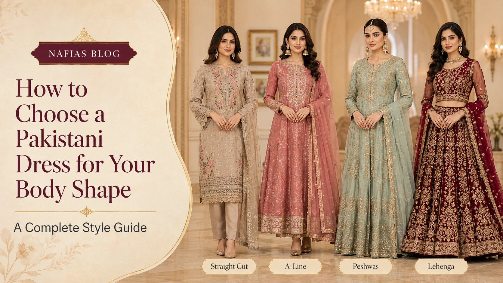 Pakistani Dress for Body Shape guide with straight cut, A-line, peshwas and lehenga styles