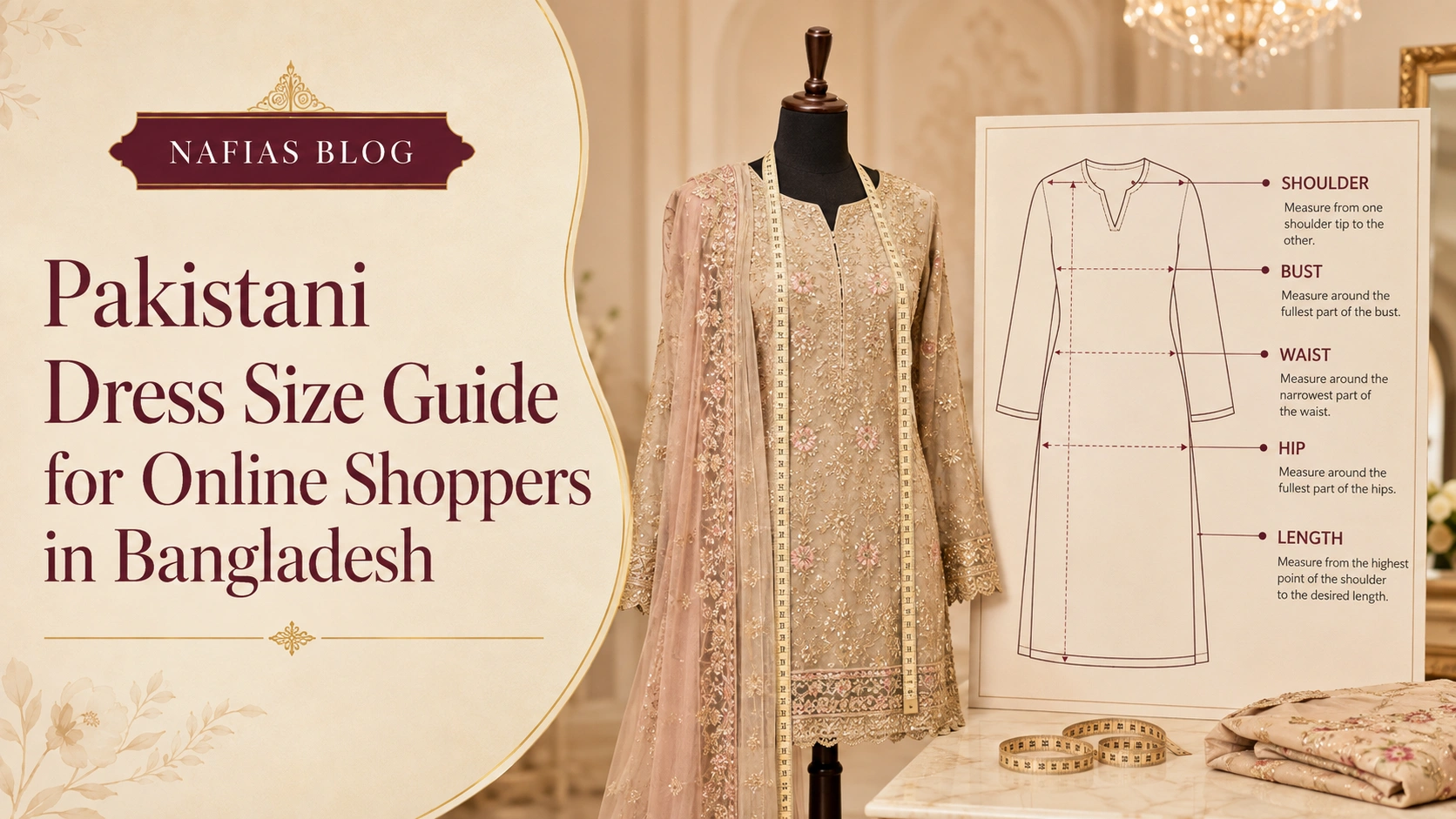 Pakistani Dress Size Guide with bust, waist, hip, shoulder and length measurements