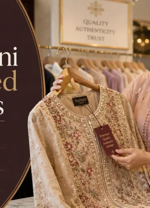 Pakistani Branded Dresses with brand tag, packaging and embroidery details