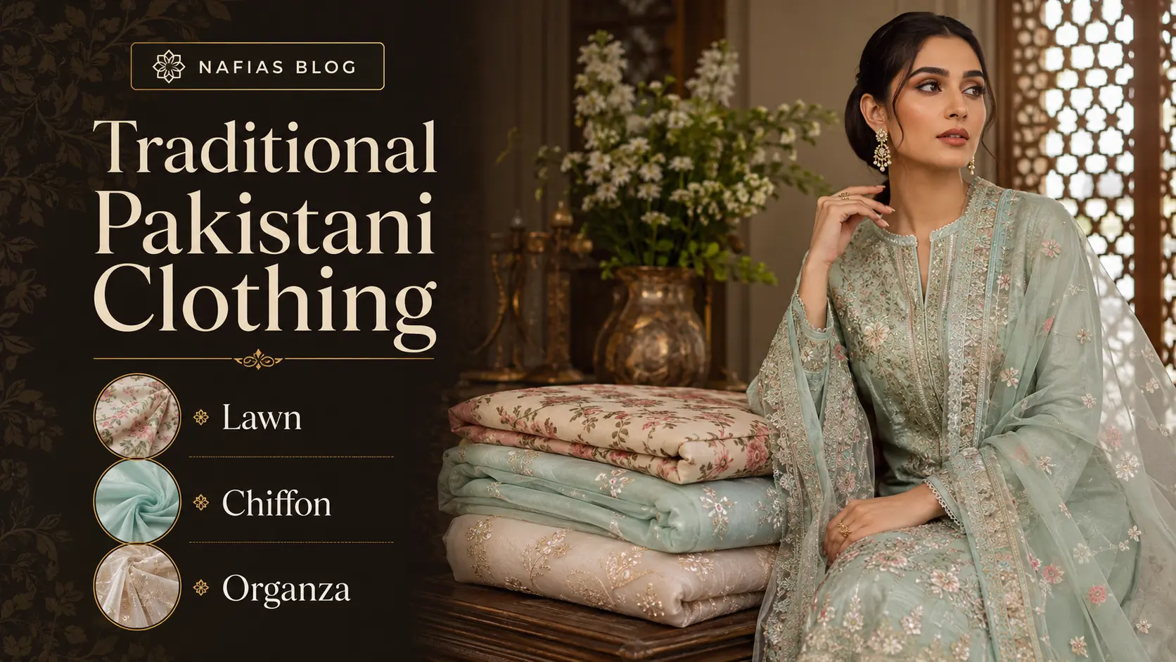 Traditional Pakistani Clothing fabric guide with lawn, chiffon, organza, net and raw silk